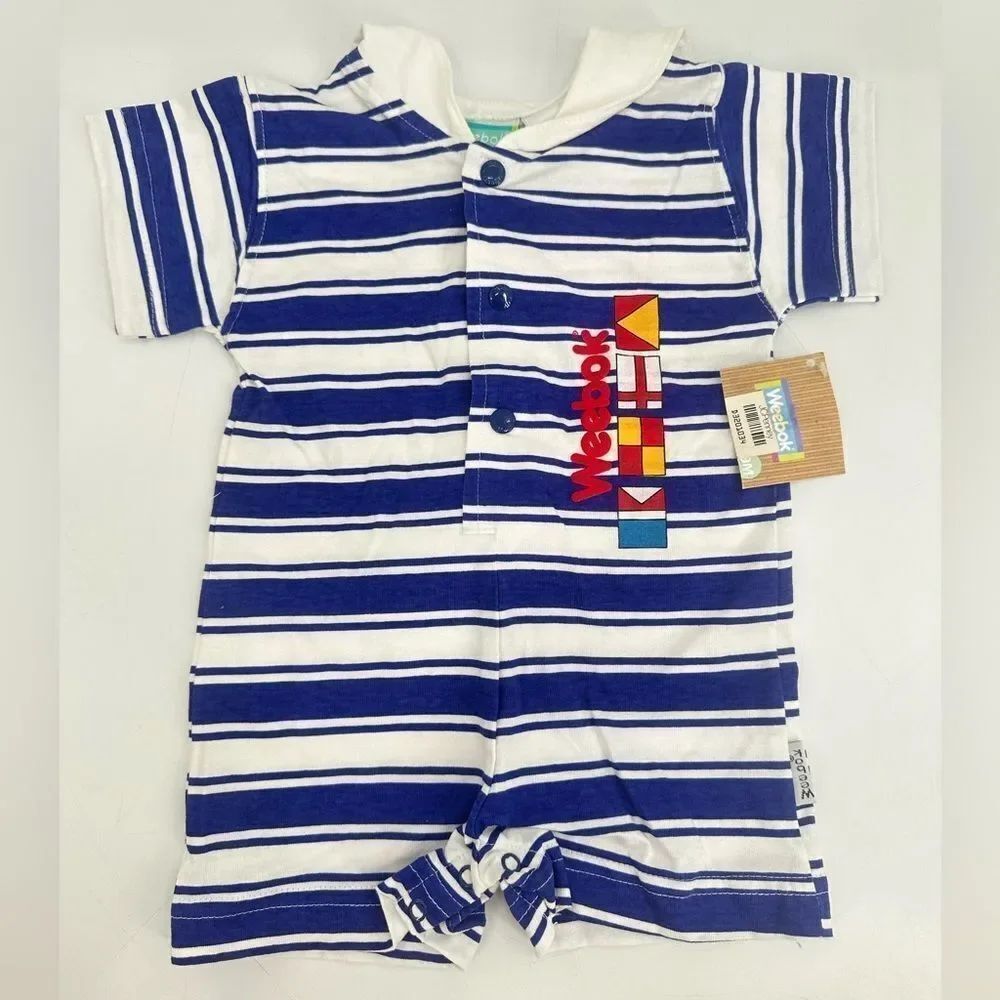 VTG Sears Weebok Baby Romper 6/9 Month Blue Striped One Piece Collared NWT
